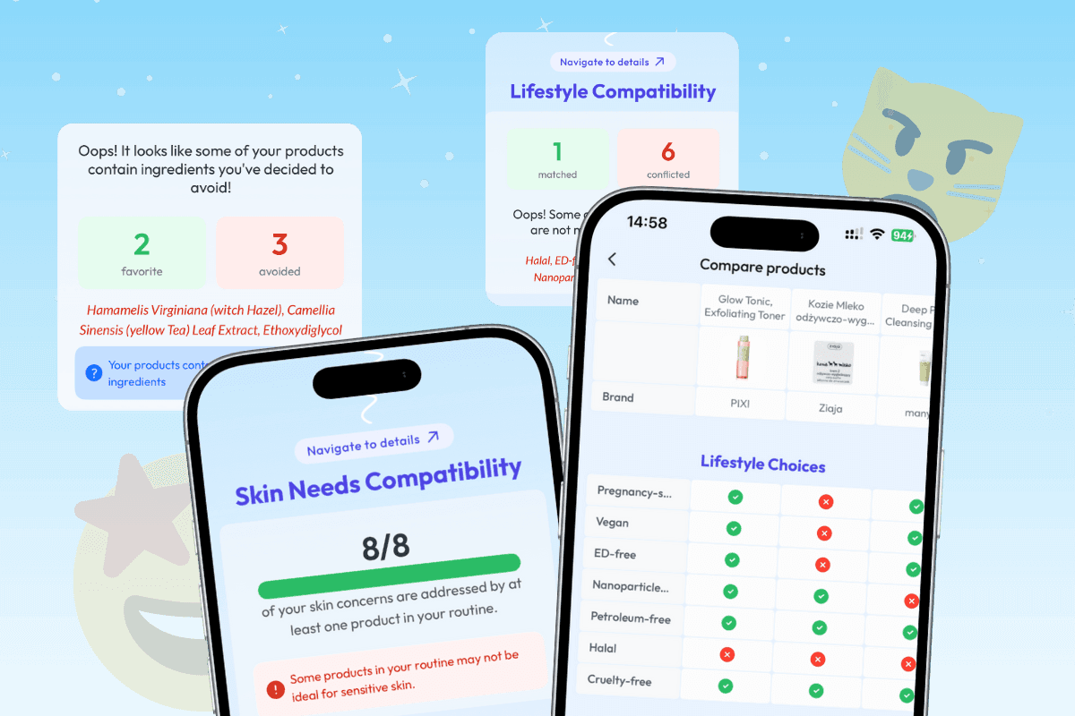 The Skin Bliss Product Match screen showing a compatibility score and ingredient breakdown for a skincare product