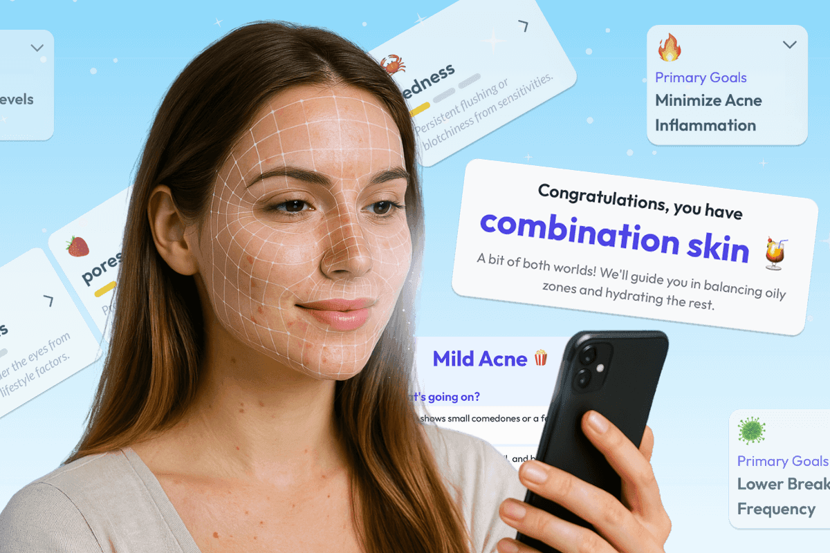 A person taking a front-facing selfie inside the Skin Bliss Face Scanner, with the app preparing to analyze their skin